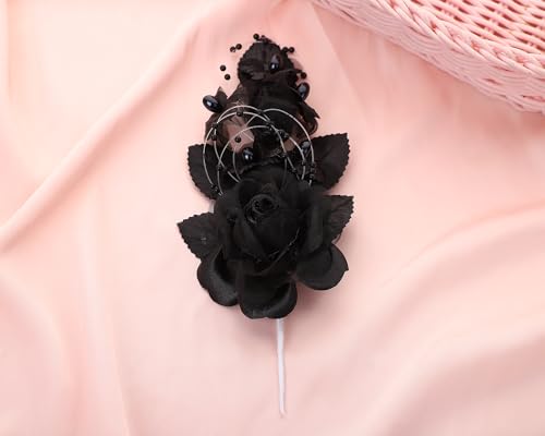 Set of 12 Artificial Silk Organza Craft Rose Flower, 12 Corsage Wristlet, 12 Pin Back DIY Boutonnieres for Wedding, Bridesmaids, Groomsmen, Quinceanera, Prom, Sweet 16 (Black) - color: Black