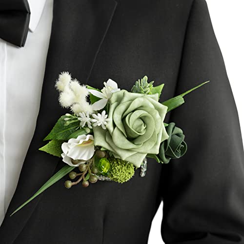 Ling's moment Pocket Boutonniere Single, Boutonniere for Men Groom for Wedding, Prom, Homecoming, Anniversary, Graduation, etc.Green Beige, 6" W x 5" H - color: Grn-green & Beige, size: 6" W x 5" H