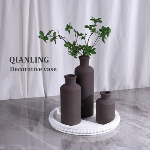 Brown Ceramic Vases Set - 3 Brown Small Vase, Farmhouse Country Vases Home Decor, Living Room Decoration, Table Decoration, Fireplace Decor, and Entrance Decorations Centerpieces - color: Dark Brown