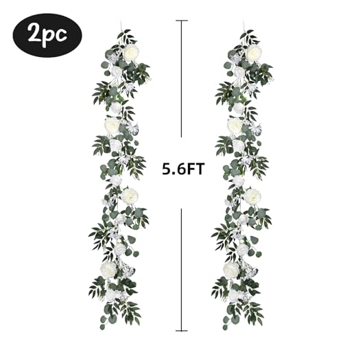 Lvydec 2 Pack Artificial Peony Flower Garland - 6ft Silk Peony Vine Willow Leaves and Eucalyptus Garland White Arch Flower Vine for Wedding Party Table Decoration (White) - color: White