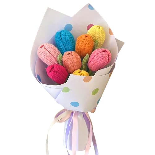 Colorful Tulips Crochet Flowers Bouquet Handmade Knitted Artificial Flowers Home Decor - color: Flowers001