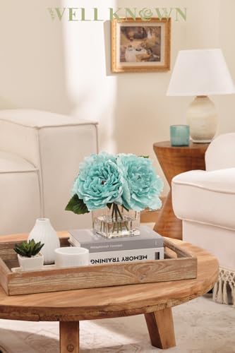 Artificial Peonies Flowers Arrangements in Cube Glass Vase, WELLKNOWN Silk Flower Centerpieces for Dining Room Table, Coffee Table Decor, Faux Peony Flowers with Faux Water(Light Teal Blue) - color: Light Teal Blue