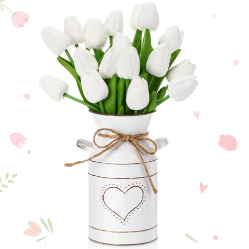 Uiifan 19 Pcs Spring Easter Centerpieces for Tables Home Office Decoration 18 Fake Artificial Tulip Flower Faux Realistic PU Bouquet with 1 Metal Pot Vase for Wedding Baby Shower(White) - color: White