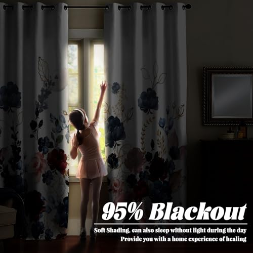 Renaiss Floral Blackout Curtains Watercolor Gray Blue and Red Peony Flower Bloossom Thermal Insulated Window Drapes for Bedroom 42W x 63L inches 2 Panel Set Window Curtains for Living Room - color: Bold Red, size: 42"W x 63"L (Pack of 2)