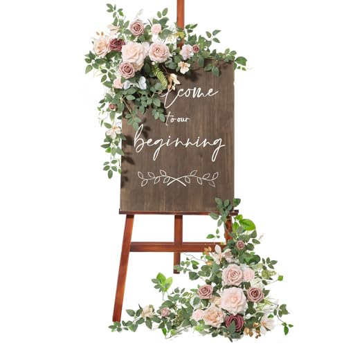 Ling's moment 2pcs Wedding Flowers Garland Artificial Floral Swag Arch Decorations Greenery Arrangements Dusty Rose Cream Ceremony Reception Garden Easel Wall Entryway Outdoor Board(NOT Include Sign) - color: Dusty Rose & Cream
