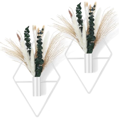 Canlierr 4 Pcs White Wall Decor Hanging Planters with Artificial Plants Eucalyptus Pampas Grass Metal Hanging Vase Indoor Plants Holder Modern Boho Wall Art for Bathroom Bedroom Living Room Decor - color: White, size: Pampas Grass, Eucalyptus
