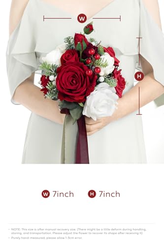 Ling's moment Artificial Bridesmaid Bouquets Set of 4,Red Wedding Flower Bouquets Floral Bouquet Christmas Bridal Bouquets with Ribbon,Ceremony,Anniversary,7-inch Diameter - color: Red-christmas Red