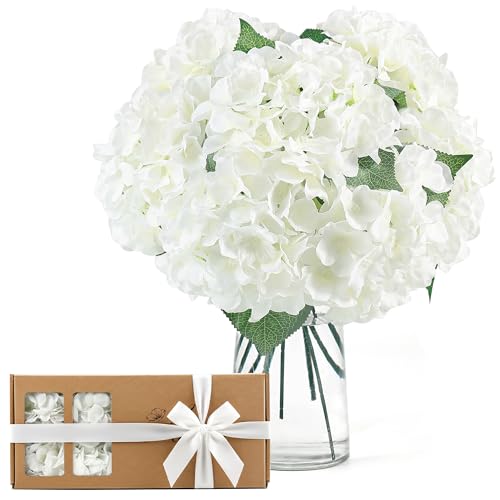 Auihiay 10PCS Artificial Hydrangea Flowers Kits, Realistic White Faux Hydrangea Flowers for Home Decor, Fake Hydrangeas for Wedding Centerpieces, DIY Bouquets, Bridal Shower, Mother's Day(White) - color: Ivory