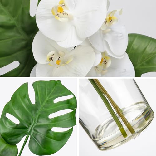 Artificial Monstera Plant and Fake Orchid in Glass Vase, 13.8" Real Touch Fake Plant Tropical Leaves Orchids Artificial Flowers with Faux Water for Home Bathroom Kitchen Office Centerpiece Room Décor - color: Monstera + Orchids