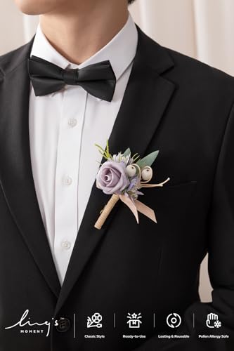 Ling's moment Boutonniere for Men, 6pcs Groom Groomsmen Boutonniere, Artificial Flowers for Wedding Decor/Prom/Homecoming, etc.Lilac Berry - color: Brn-lilac & Berry
