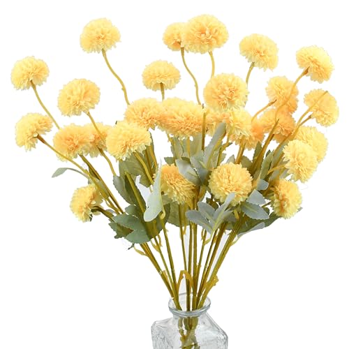 Mandy's 6 Stems Silk Yellow Kiku Ball Flowers | Artificial Chrysanthemum Stems for Home Summer Décor Realistic Faux Floral Arrangement Minimalist Elegant Style - color: Yellow