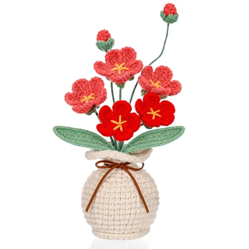 Marsui Crochet Flower Bouquet with Vase Forget-Me-Not Flowers Pot Crocheted Flower Handmade Knitted Potted Flowers Gift for Wome Coworker Father's Gifts Back to School Gift Home Decoration (Red) - color: Red, style: Forget-me-not