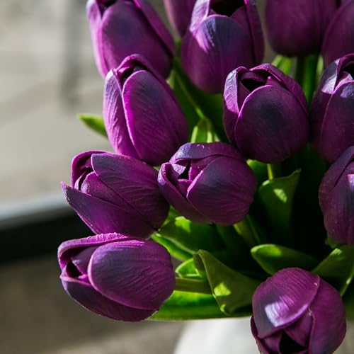 Tanvecle 20pcs Purple Artificial Tulip Flowers, Silk Fake Flowers 13" for Mother's Day, Easter, Valentine’s Day Gifts in Bulk, Home, Kitchen, Wedding Decorations - color: Purple
