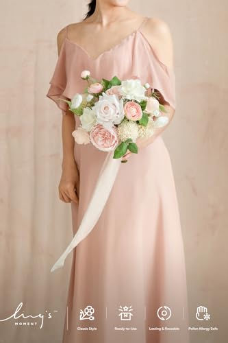 Ling's moment Artificial Bridesmaid Bouquets Set of 4,Pink Wedding Flower Bouquets Blush & Cream Floral Bouquet White Rose Bridal Bouquets with Ribbon,Ceremony,Anniversary,7-inch Diameter - color: Pk-blush & Cream