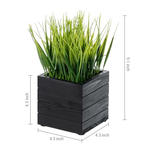 MyGift Artificial Green Grass Plants in Vintage Black Wood 4 Inch Planter Boxes, Faux Greenery in Decorative Square Crate Style Wooden Containers, Set of 3 - color: Black Wood