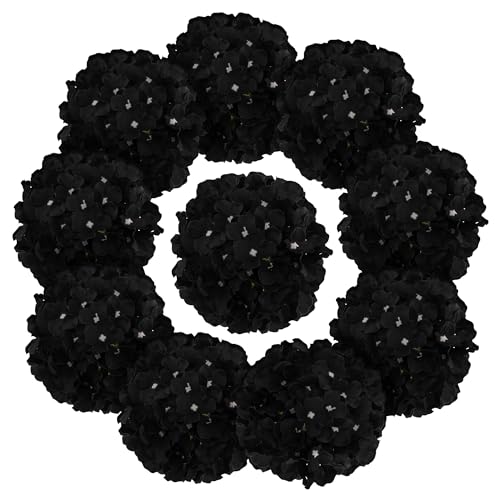 Fake Black Hydrangea Artificial Flowers - Faux Silk Hydrangeas Flowers Heads with Stems Real Touch for Home Wedding Party Table Decor(Black,Black of 10) - color: Black