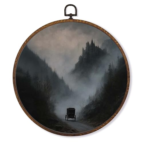MOTERMATE Vintage Dark Academia Castle Wall Art Decor Round Framed, Moody Forest Landscape Canvas Wall Art Artwork Prints, Gothic Vampire Hanging Decor Decorations for Bedroom Living Room, 10x10 Inch - color: darkcastle