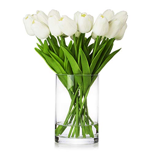 20 Pieces Artificial Real Touch Tulips Flower Arrangement in Glass Vase with Faux Water for Home Decoration (White) - color: White
