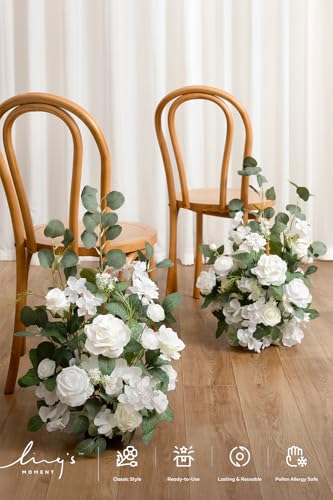 Ling's moment 17.5" Tall Free Standing Artificial Flowers Arrangements 2 pcs Wedding Aisle Runner Chair Decorations White Sage Centerpieces for Ceremony Reception Eucalyptus Rose Floral Party Outdoor - color: Wht- White & Sage