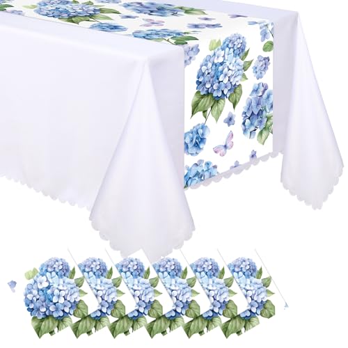 Boao 6 Pcs Plastic Hydrangea Table Runner 14 x 108 Inch Spring Floral Table Runner Watercolor Flower Butterfly Decoration for Women Spring Wedding Bridal Shower Easter Birthday Party Supplies - color: Blue, style: Hydrangea