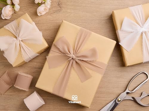 Vitalizart Handmade Chiffon Silk Ribbon Fringe 1.5" x 21 Yd White & Camel Frayed Edges Ribbons for Wedding Invitations Bridal Bouquets Gifts Wrapping Crafts Holiday Party Decorations - color: Camel & Nude