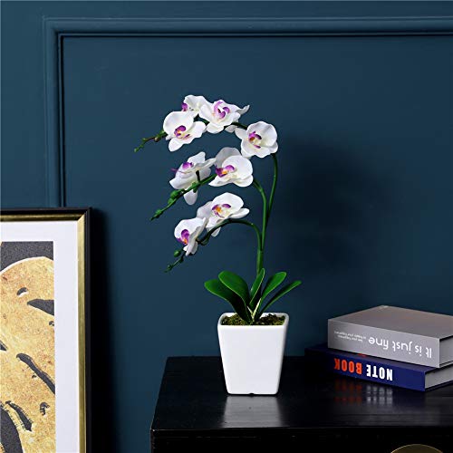 15" Tall Artificial Silk Phalaenopsis Orchid Flower Plant Pot Arrangements (White) - color: White