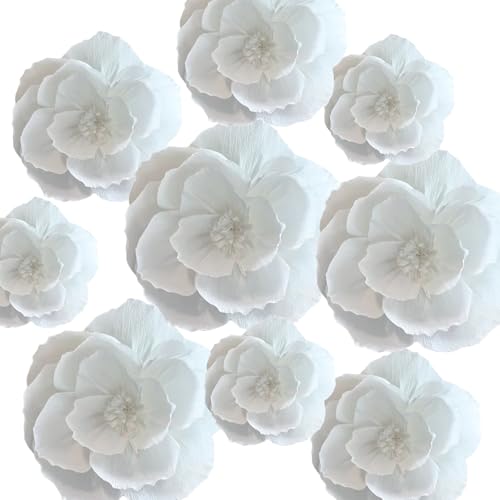 BRT Bearingshui Crepe Paper Flowers Decoration for Wall Total 9 Pcs, Artificial Flowers for Wedding Decor,Flower Backdrop Decor, Baby Bridal Shower Birthday Party, White 3D Wall Flowers Decor - color: White