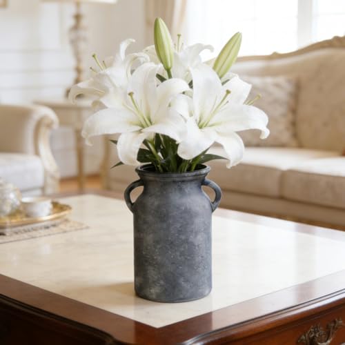 Black Glass Vase with Handles - Rustic Imitation Ceramic Flower Vase 8 Inches, Vintage Matte Black Centerpiece Decor for Modern Farmhouse, Industrial Home, Gothic & Minimalist Table Decorations - color: Black
