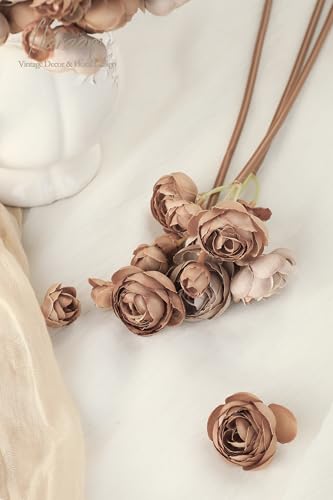 Floroom Ranunculus Artificial Flowers 18 Pcs Taupe Brown Faux Silk Mini Ranunculus Bulk Fake Wedding Filler Flowers for DIY Bouquets, Centerpieces, Bridal Shower Decorations & Arrangements - color: Taupe Brown