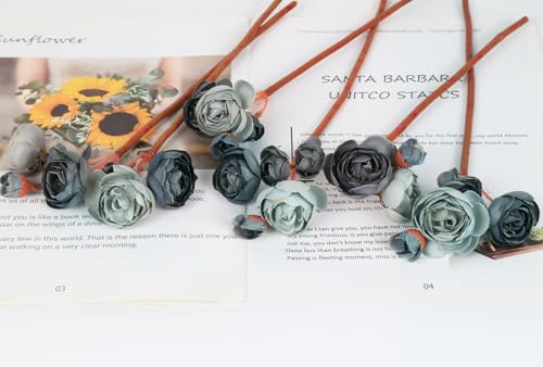 IPOPU Dusty Blue Ranunculus Artificial Flowers 2Bouquets Realistic Silk Flowers 12PCS Mini Fake Flowers for DIY Wedding Bouquet Bridal Shower Decorations Blue Flowers Centerpieces (Dusty Blue) - color: Dusty Blue