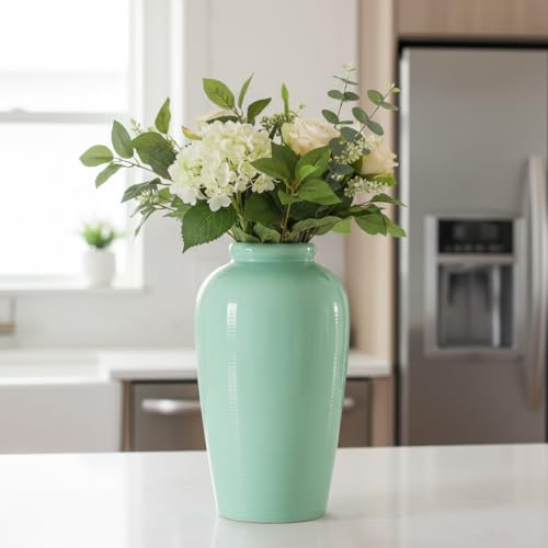 Green Ceramic Vase - 11 Inch Tall Modern Decorative Flower Vase for Living Room, Pottery Centerpiece Vases Home Decor, Eucalyptus, Mantel Decor, Side Table, Kitchen Decoration - color: Light Green
