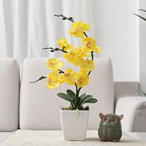 15" Tall Artificial Silk Phalaenopsis Orchid Flower Plant Pot Arrangements (Yellow) - color: Yellow
