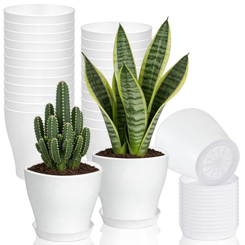 24 Set 4 Inch White Plant Nursery Pots,Plastic Planters Succulent Container with Trays and Drainage Holes for Indoor Outdoor Small Plants,Herbs,Seeds