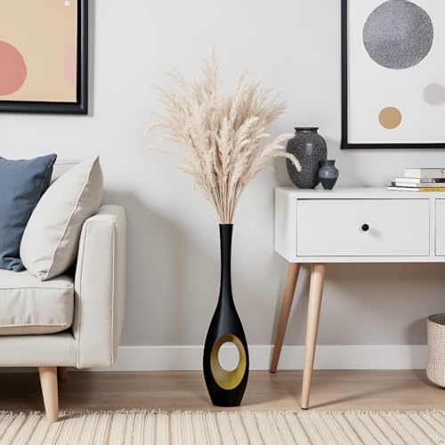23.6 in Black Floor Vase – Modern Oval Tall Floor Vase with Gold Cutouts & Slim Neck, Decorative Vases for Luxury Home, Office, Wedding Decor – Resin Tall Vases