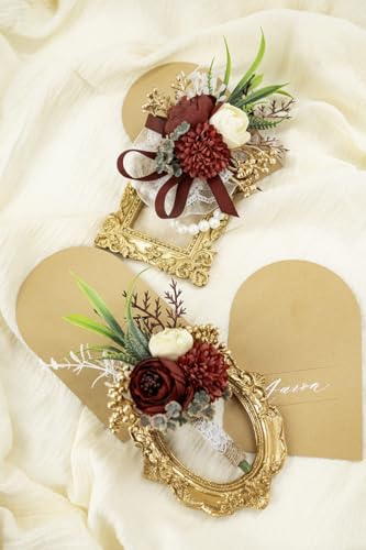 Ansofi Burgundy Wine Red Corsage and Boutonniere Set Artificial Rose Flower Wrist Corsage and Boutineers for Groom Groomsmen Bride Bridesmaids Prom Rustic Vintage Wedding Decor - color: Burgundy Wine Red