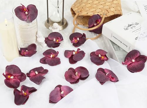 Burgundy Flowers Artificial Orchids Heads 15PCS Faux Orchid 3.35" Fake Flower Heads Maroon Artificial Flowers for Bridal Shower Wedding Centerpieces Home Decor (Burgundy) - color: Burgundy
