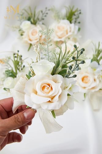 Champagne Boutonniere for Men - Set of 6, Rose Groomsmen Boutonniere for Wedding, Prom, Homecoming, Party, Vintage Occasions - color: Champagne Boutonniere 6pcs