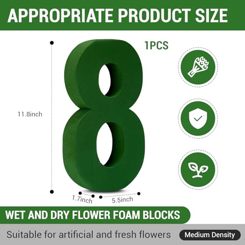 Leinuosen 12inch Dry and Wet Floral Foam Numbers Blocks Green Foam Blocks for Fresh and Artificial Flowers for Weddings Birthday Flower Arrangement Craft Project Garden Decoration(Number 8) - style: Number 8