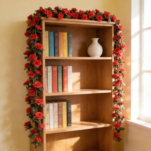 Artificial Flower Garland 90.5 Inch/230CM - Fake Roses Vines Floral Vines, Silk Faux Plastic Hanging Floral Garland for Wedding Arch, Bedroom, Home Wall, Backdrop, Outdoor & Indoor Decor (Red) - color: Red