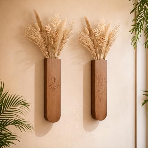 Wood Wall Vase Set of 2, 11.6 x 2.52 x 1.37 inch for Dried Flowers and Faux Greenery Plants for Bathroom,Kitchen,Farmhouse,Dining Room Wall Decor （Brown - color: Brown