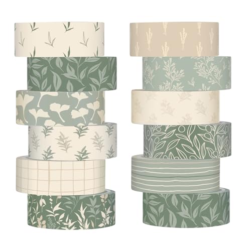 12 Rolls Watercolor Floral Washi Tape Set 15 mm Vintage Flower Decorative Masking Tape for Summer School Arts DIY Craft Scrapbook Journal Supplies Gifts(Sage Green,Leaves) - color: Sage Green, style: Leaves