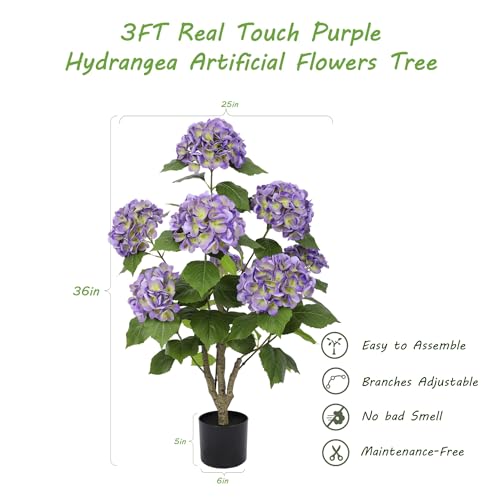 Nafresh 3FT Real Touch Faux Hydrangea Tree Outdoor, 2 Pack Purple Hydrangea Tree Artificial with Vibrant Blooms, Faux Hydrangea Potted Plant for Indoor Outdoor Home Front Porch Pation Decor - color: Purple, size: 3ft