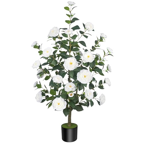 1Pack 47.24"/3.94FT Artificial Camellia Trees with 36 White Flowers in Cement Pots – Lifelike Fake Trees for Front Porch, Home, Indoor Outdoor Spring Decor, Office or Housewarming Gifts - color: White, size: 3ft 11in