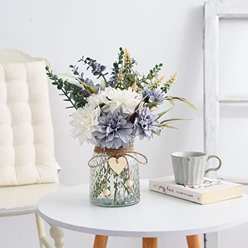 Fake Flowers Artificial Blue Flowers with Vase, Table Centerpieces for Dining Room, Silk Flower Arrangements for Home, Living Room Bathroom Plant Decor, Centerpiece Table Decorations - color: White and Blue