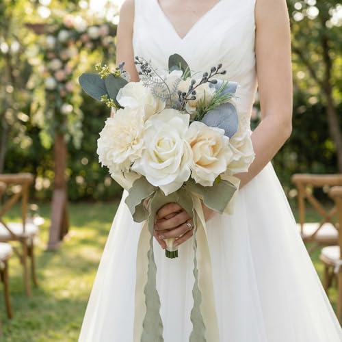 Wedding Bouquets for Bride, Ivory White Bridal Bouquet | Realistic Silk Rose for Rustic Boho Church Ceremony, Proposal, Thanksgiving, Wedding Decor - color: Ivory White