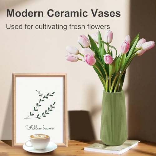 XL Saga Green Ceramic Vase, GUKJOB Cute Flower Vase for Pampas Grass, Home, Living Room, Dining Table, Farmhouse, Office Decor, Bedroom, Table, and Kitchen Shelf (XL Saga Green) - color: XL Saga Green