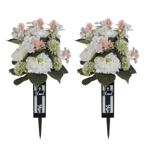 White Artificial Flowers for Cemetery: 2 Pcs Peony Grave Flower Bouquets for Cemetery Decorations - Outdoor Gravesite Flowers with Vase - color: White