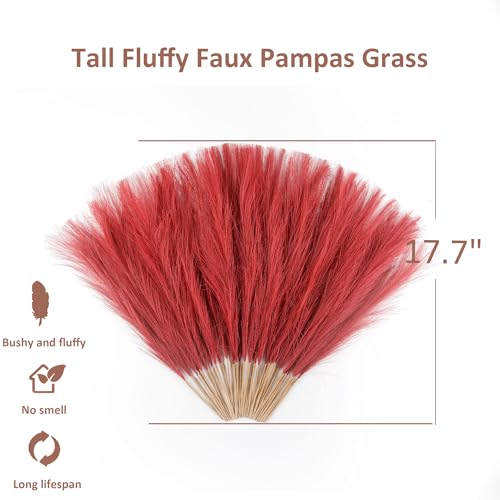 Burgundy Pampas Grass Small, 30 Pcs 17" Faux Pampas Grass Short Decor, Pompas Grass Flower Arrangement and Vase Filler for Boho Home Wedding Decoration - color: Burgundy, size: 17'' Tall