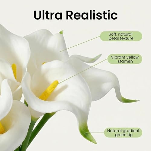 20 Stems Real Touch Calla Lily Artificial Flowers, 14.2in Tall with 2.4in PU Blooms, White Faux Calla Lilies with Bendable Plastic Stems for Wedding Bouquets, Centerpieces and Home Decor