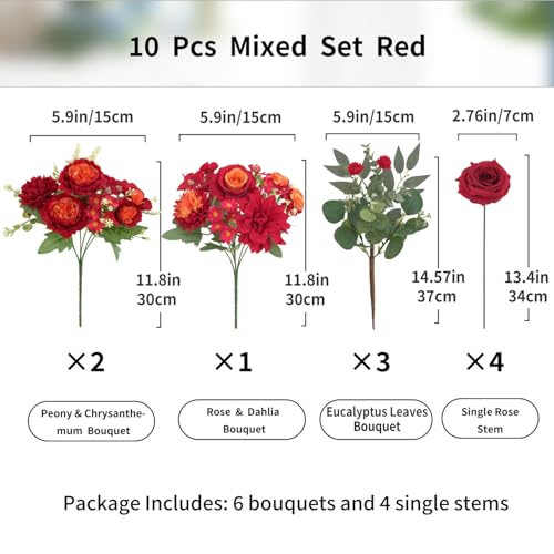 10 Pcs Mixed Artificial Flowers Set, Artificial Peony Bouquet Fake Rose Flower Silk Floral Arrangements for Table Centerpiece Vase Home Wedding Party Bridal Vase Decoration(Red, 6 Bouquets & 4 Stems) - color: Red, size: Mixed 10pcs